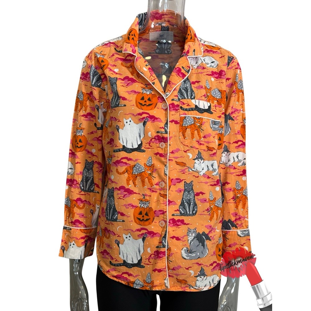 Print Fresh Pajama Top Womens XS Halloween Pumpkin Cats Spooky Organic Cotton